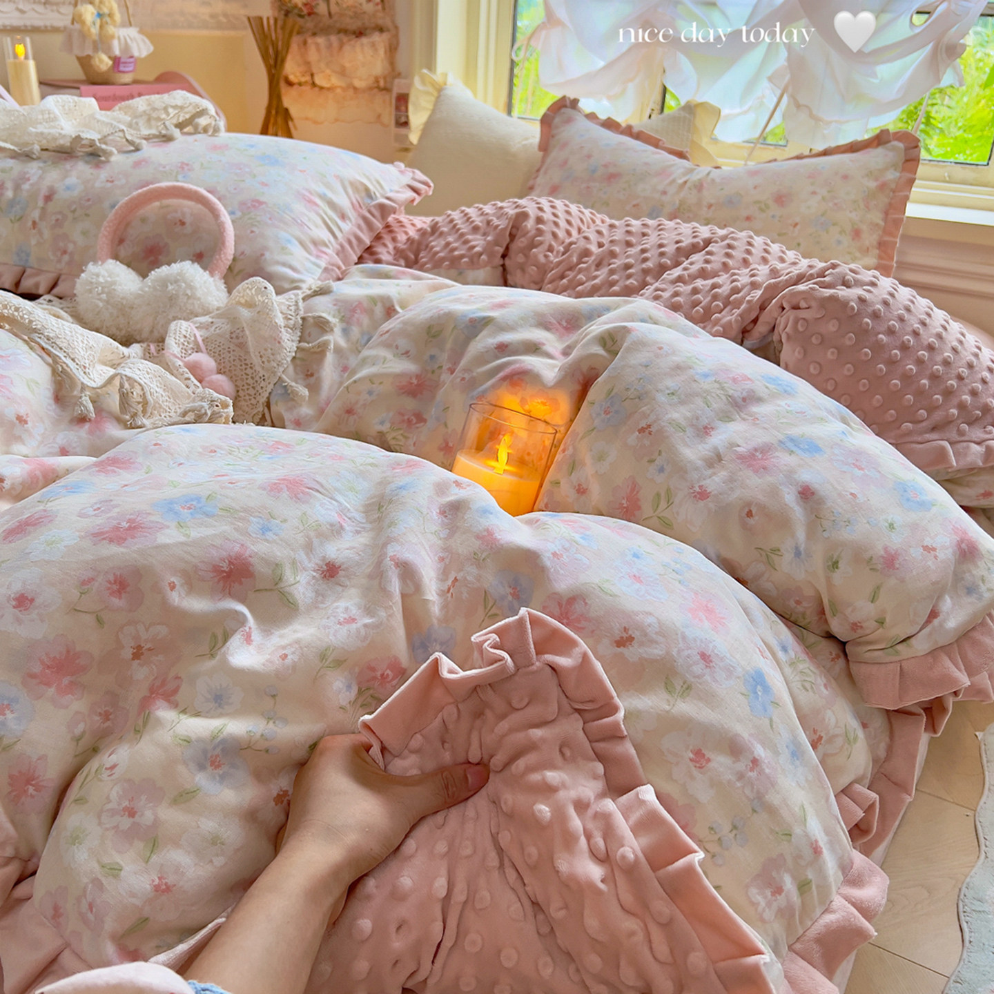 韩式公主风全棉豆豆绒床上四件套2025新款纯棉被套牛奶绒床单床品