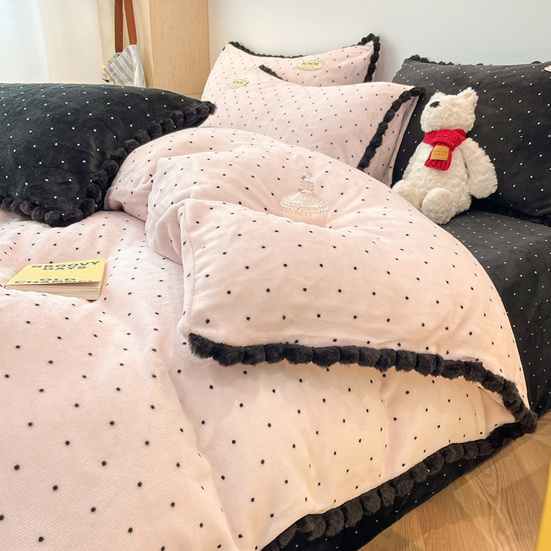 ins少女心秋冬牛奶绒四件套加绒加厚被套珊瑚床上床单三件套宿舍