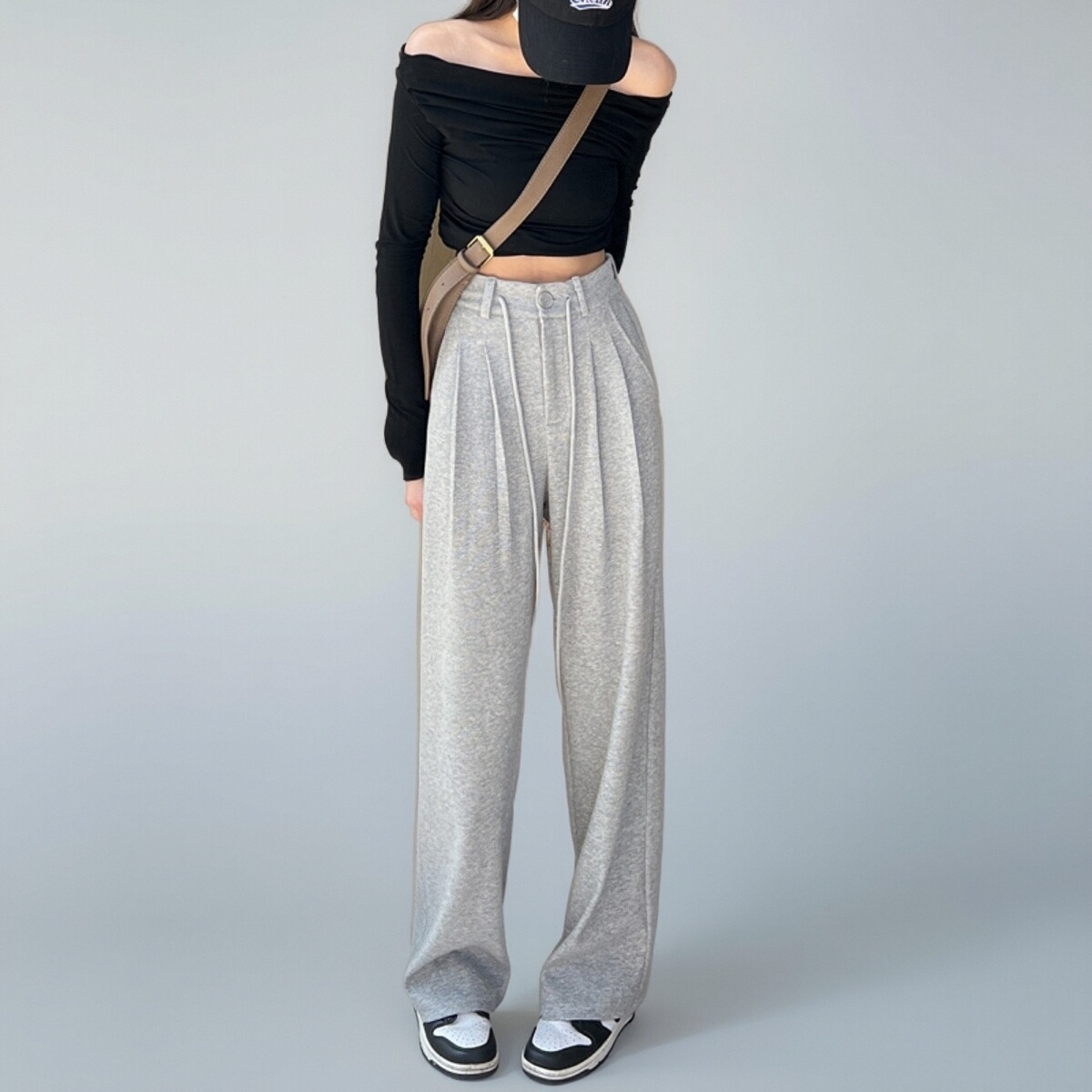 跨境东南亚灰色运动裤女春秋2025新款高腰春秋垂感阔腿裤休闲卫裤