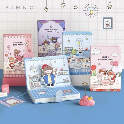 磁扣手帐本精装彩页本立体扉页可爱小清新方格横线空白古风32K本