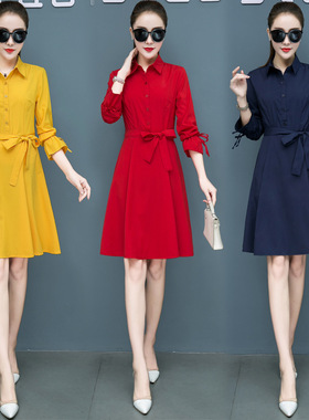 秋装2025春秋冬新款女装红色连衣裙黄色女网红秋流行长袖裙子潮