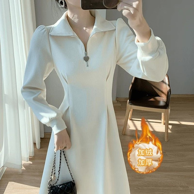 茶歇法式长袖连衣裙女小个子秋冬高级感气质加绒加厚大衣内搭长裙