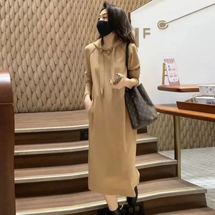 秋冬连帽过膝显瘦连衣裙韩版纯色大码修身卫衣气质宽松中长款女裙