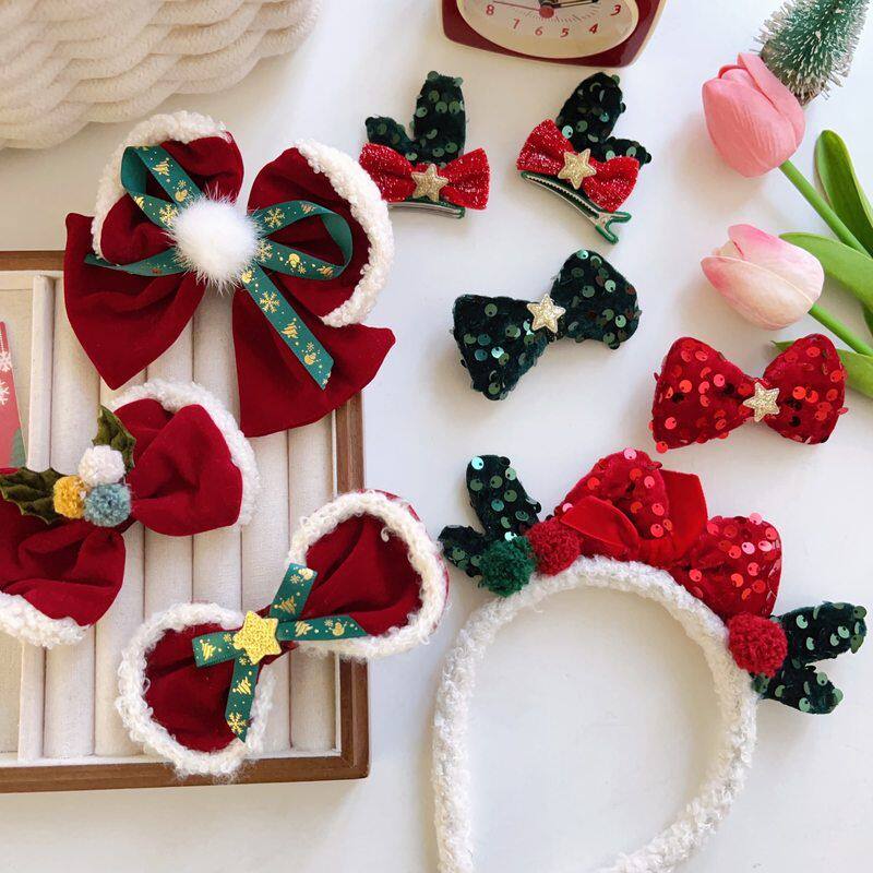 儿童圣诞鹿角发箍亮片蝴蝶结发夹可爱女童发卡圣诞节日头饰品批发