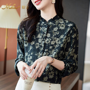 Mulee/慕立桑蚕丝长袖女士衬衫木耳边印花显瘦真丝上衣油画风小衫