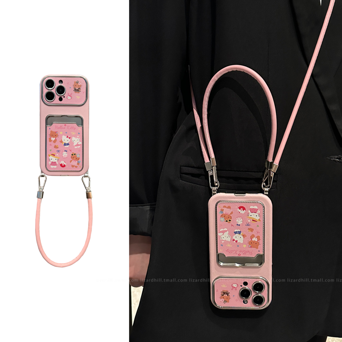 lizardhill 可爱粉Kitty猫卡包适用苹果16手机壳新款17pro女iphone15promax斜挎可调节背带挂绳14pro全包13软