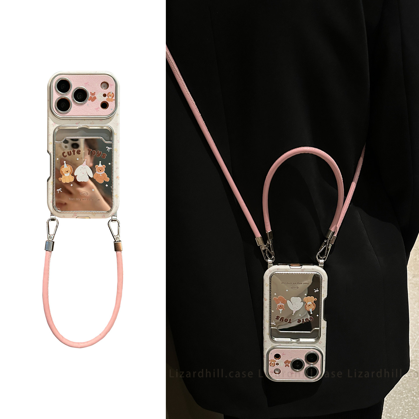 lizardhill 镜面可爱小熊兔适用苹果18promax手机壳17pro新款卡包iphone16pro女15pro斜挎背带挂绳14全包防摔图片