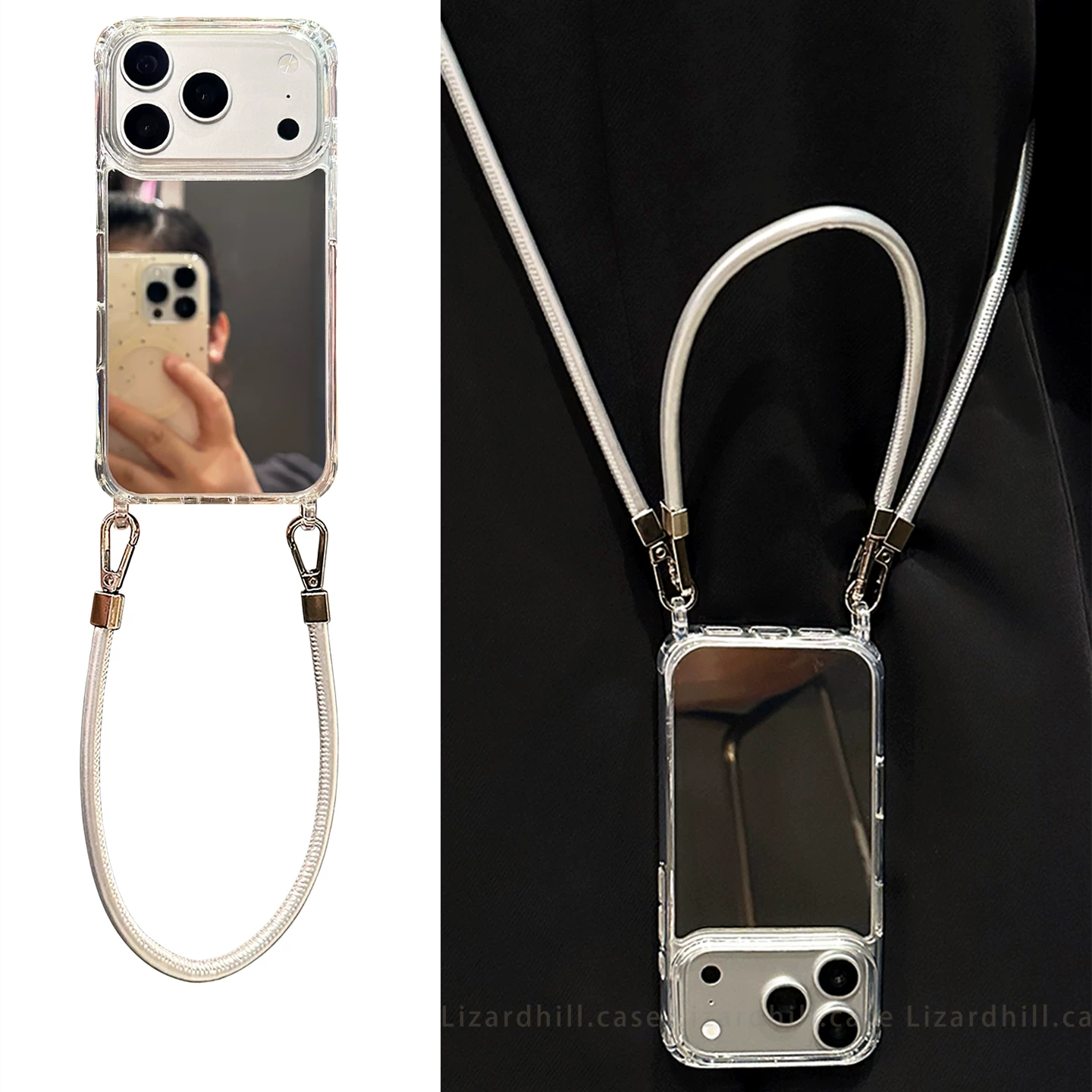 lizardhill 简约高级感补妆镜面适用苹果17promax手机壳新款16pro女iphone15pro斜挎可背带挂绳14pro超好看款