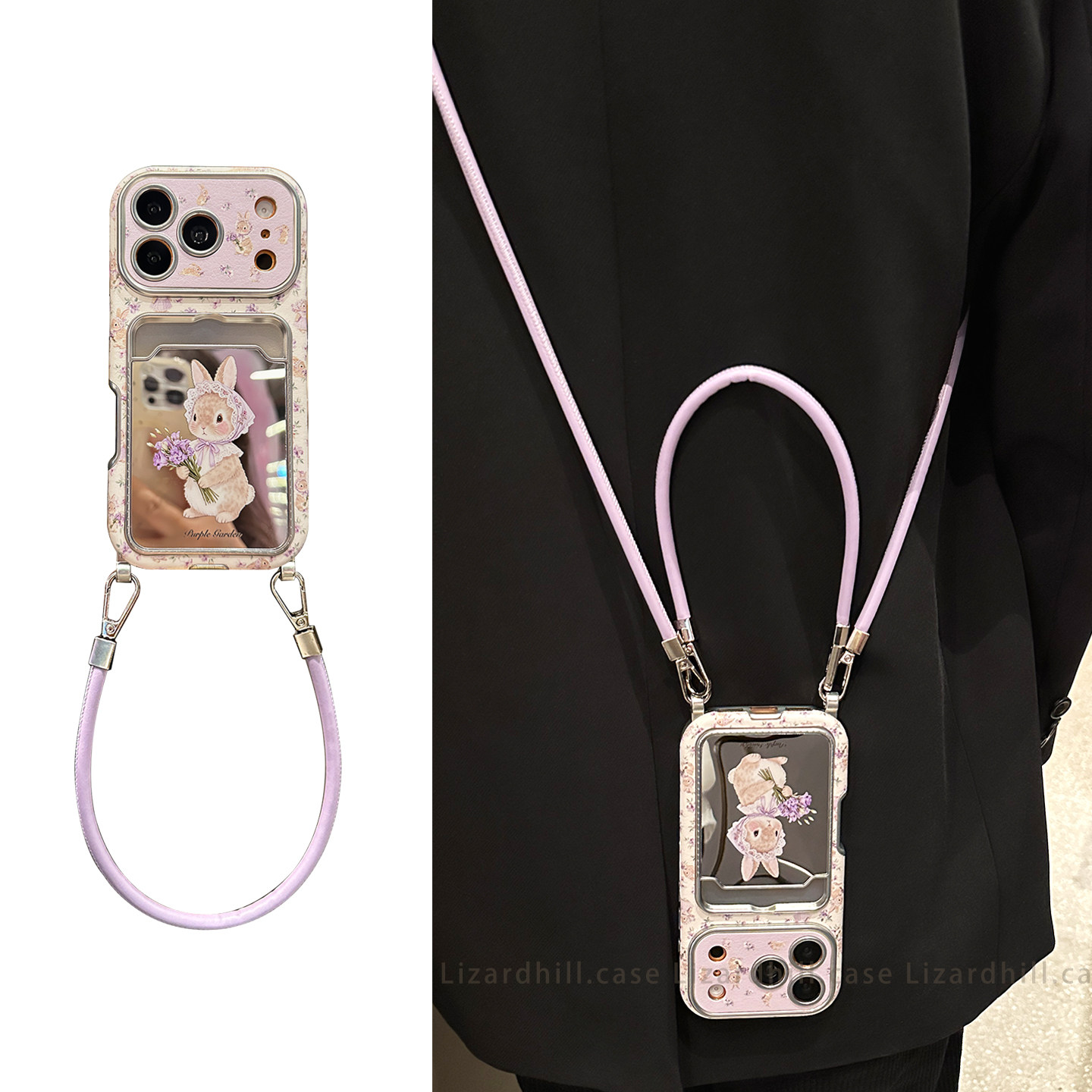 lizardhill ins紫色碎花兔子适用苹果17promax手机壳新款iphone16pro女15pro卡包14pro斜挎可背带挂绳13镜面