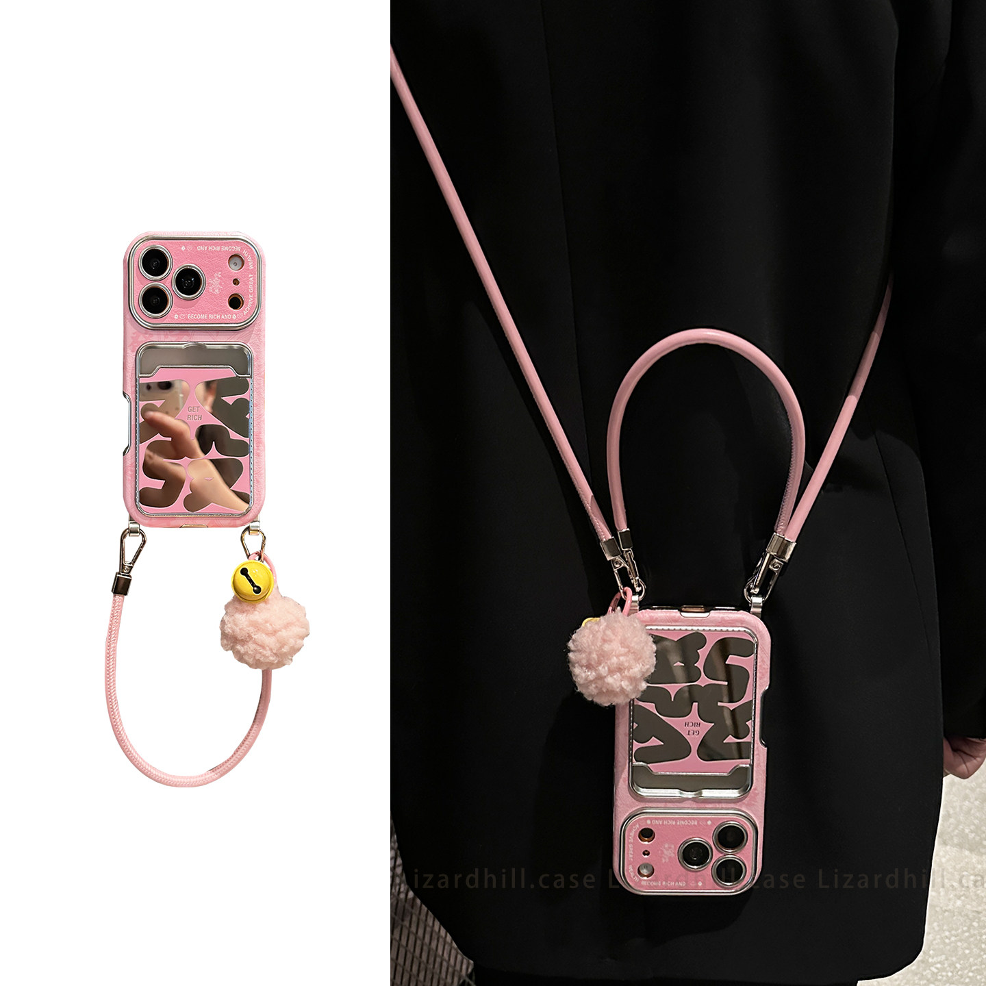 lizardhill 镜面粉色发字适用苹果17promax手机壳新款16pro女全包iphone15斜挎可背带毛绒挂绳14挂件新年软套