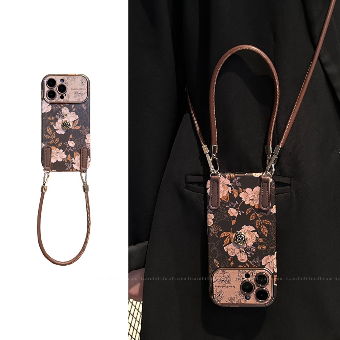 lizardhill 复古秋冬棕素描花朵适用苹果16手机壳新款17pro女iphone15promax全包14pro斜挎可背带挂绳13软Air