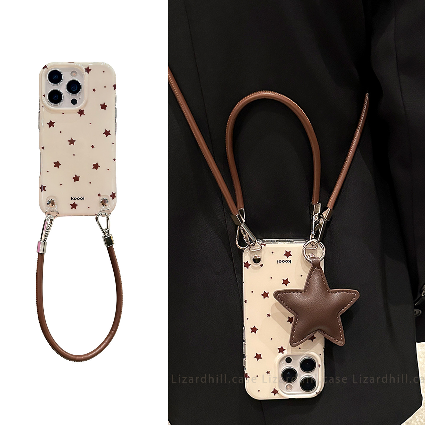 lizardhill 复古棕星星适用苹果17promax手机壳新款女16pro斜挎背带挂绳iphone15pro小众14pro全包防摔13简约