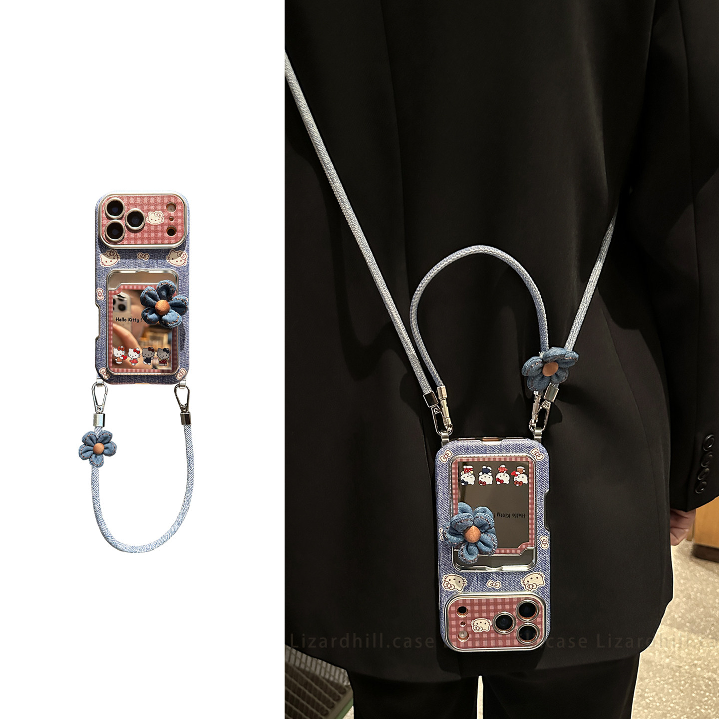 lizardhill 牛仔蓝镜面kitty猫适用苹果17promax手机壳新款16pro女iphone15斜挎可背带挂绳14可补妆超好看套,3C数码配件,手机保护套/壳,淘宝优惠券,粉丝福利购,淘宝优惠卷