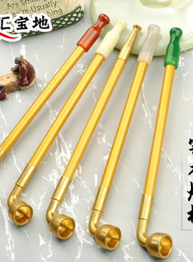 汇宝地老式传统过滤烟斗旱烟袋锅子黄色实木烟杆黄铜烟锅男士礼品