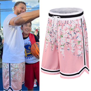 美式沙滩户外运动休闲库里篮球宽松紧粉色樱花大短裤跑步中五分裤