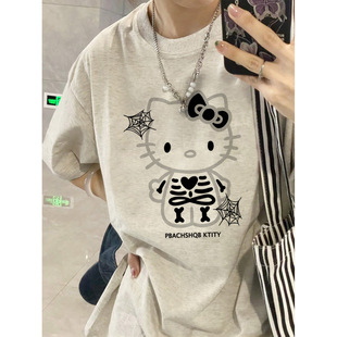 潮酷风大码胖mm黑白蛛网Kitty猫纯棉印花上衣女2026夏季原宿爆款T