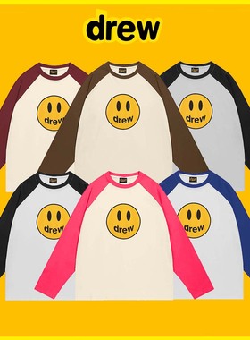 Drew贾斯汀比伯同款休闲长袖FOG笑脸oversize男女撞色打底衫T恤