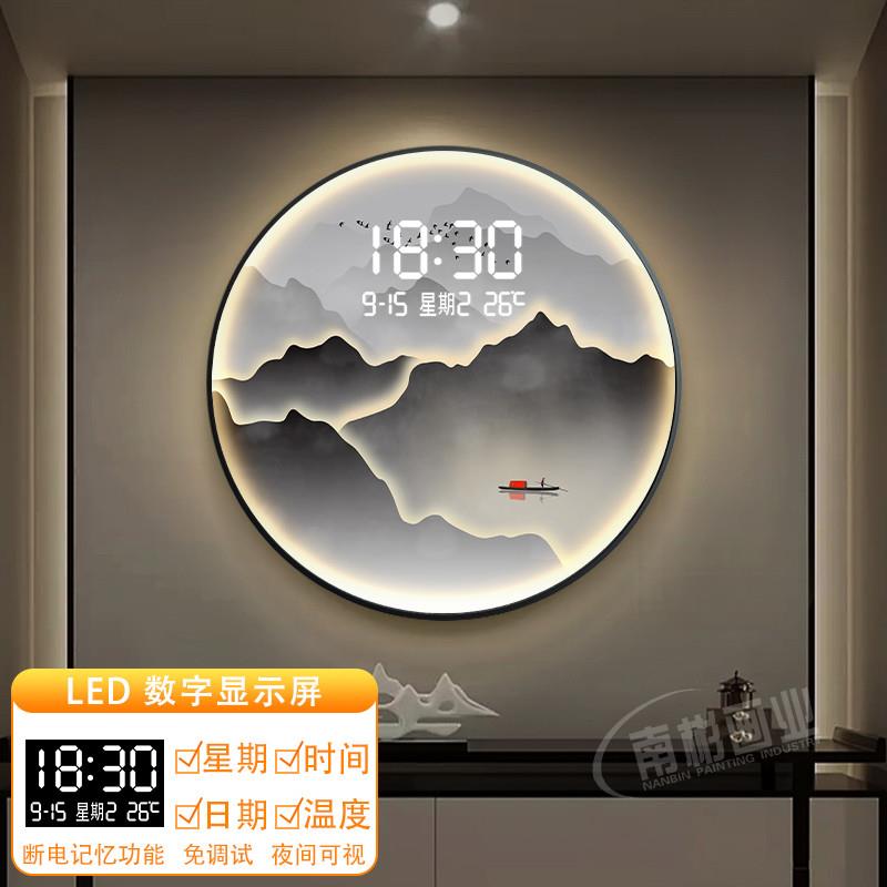 中式玄关装饰画圆形带灯光走廊挂画山水数显钟表办公室茶室墙壁画图片