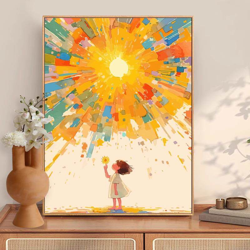 太阳女孩梵高温暖系装饰画梦幻卡通儿童房卧室书房玄关装饰画挂画