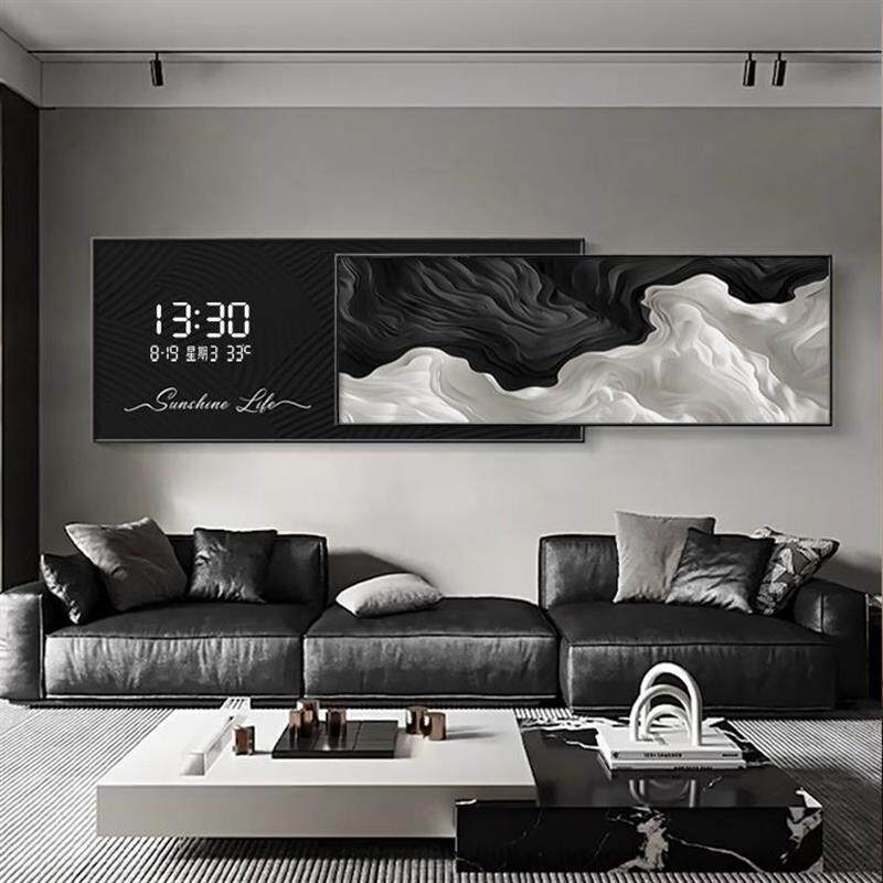 现代简约带钟表客厅装饰画高级感大气沙发背景墙壁画极简抽象挂画