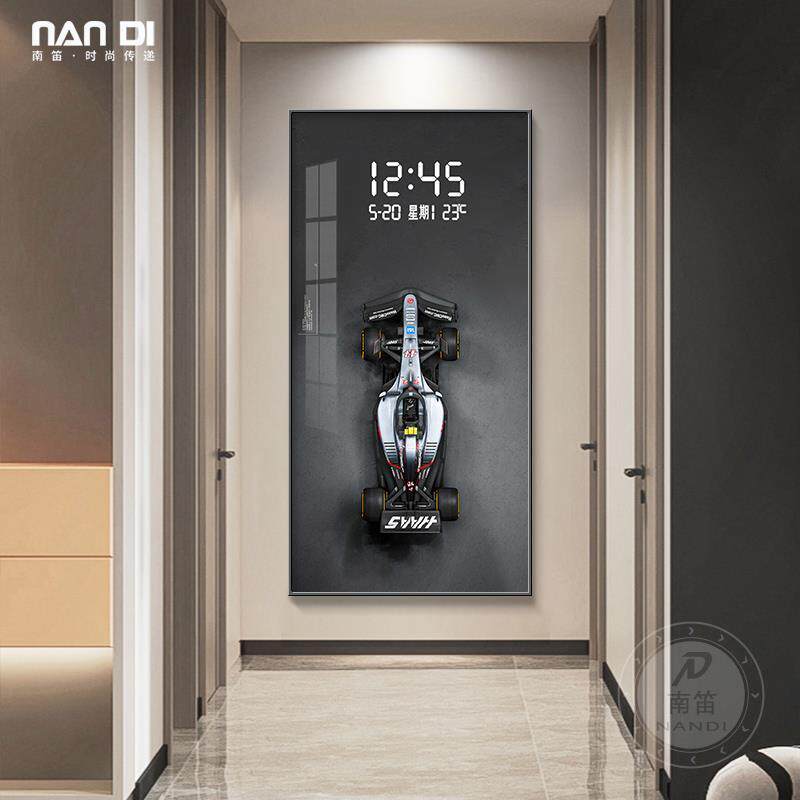F1赛车玄关装饰画数显电子钟表客厅LED壁画男孩儿童电竞房间挂画