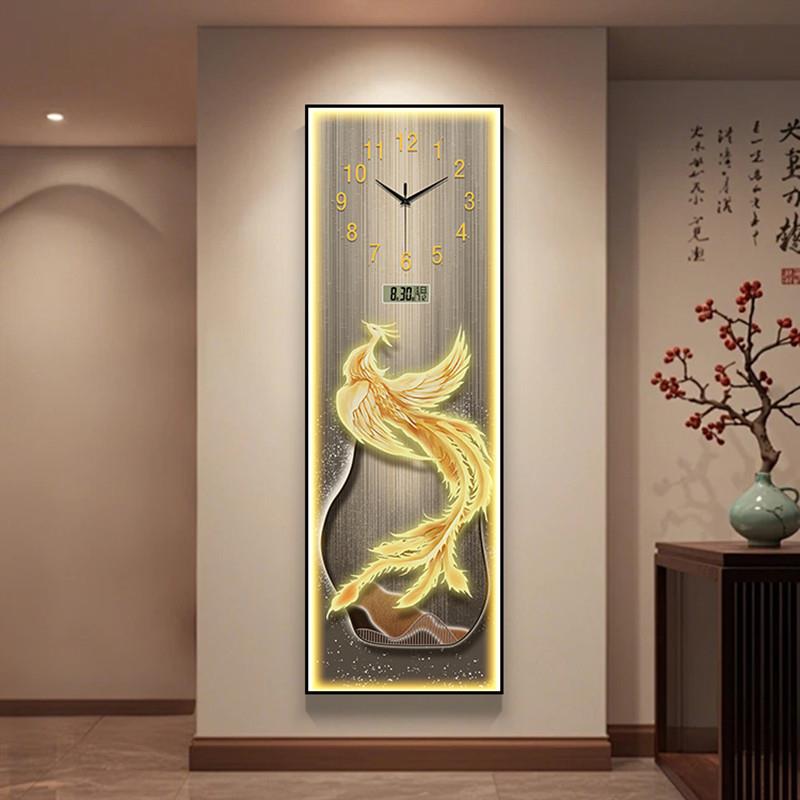 2025新款玄关装饰画钟表挂钟凤凰呈祥灯画客厅过道走廊长条挂画