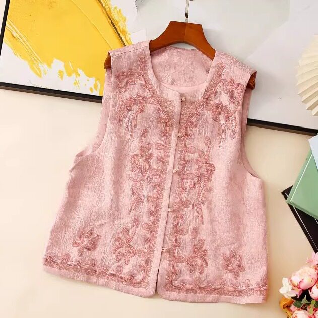 欧洲站2026春新款重工钉珠提花马甲女新中式国风外搭叠穿背心上衣
