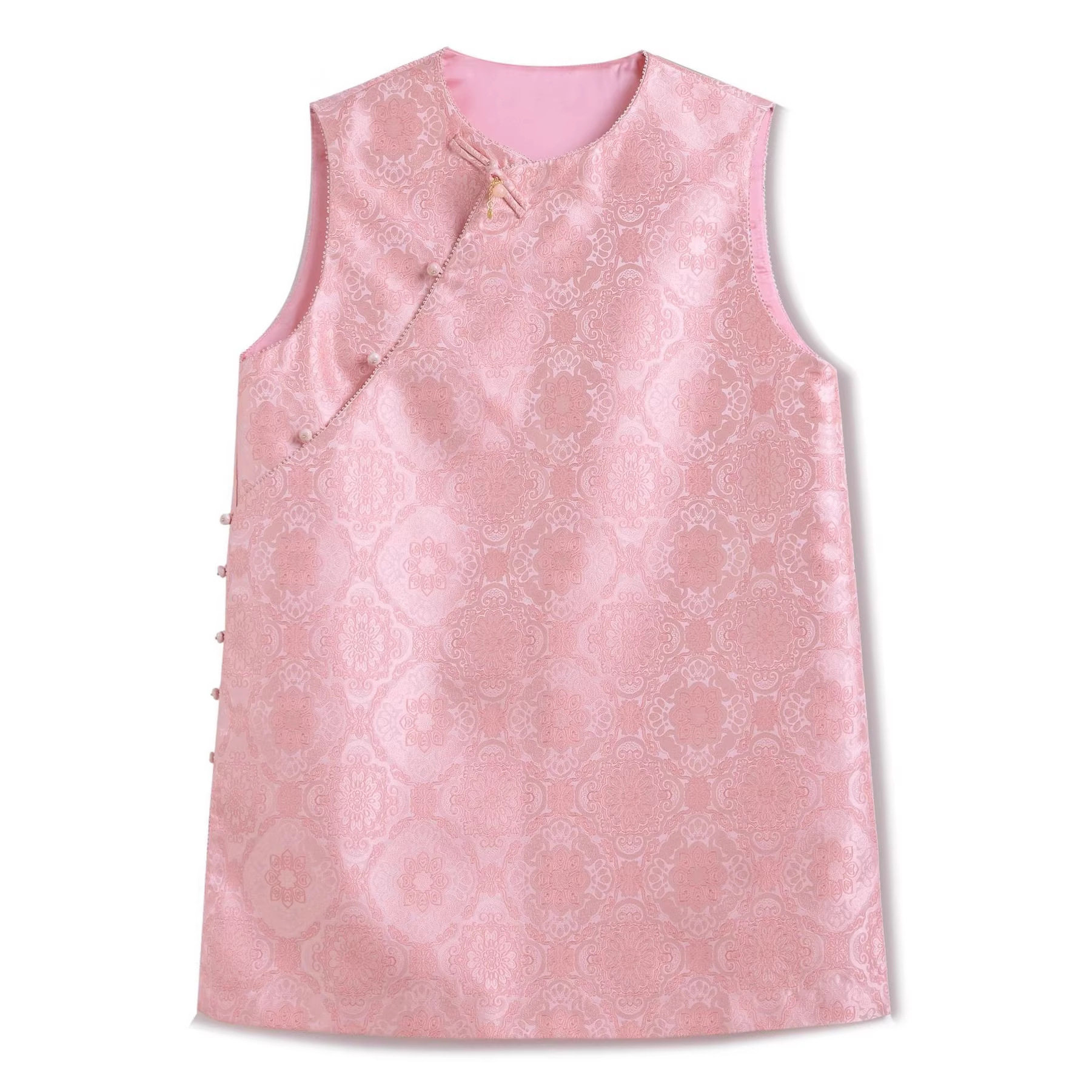 2026春款高端新中式国风宋锦无袖连衣裙温柔粉色宽松显瘦A字短裙