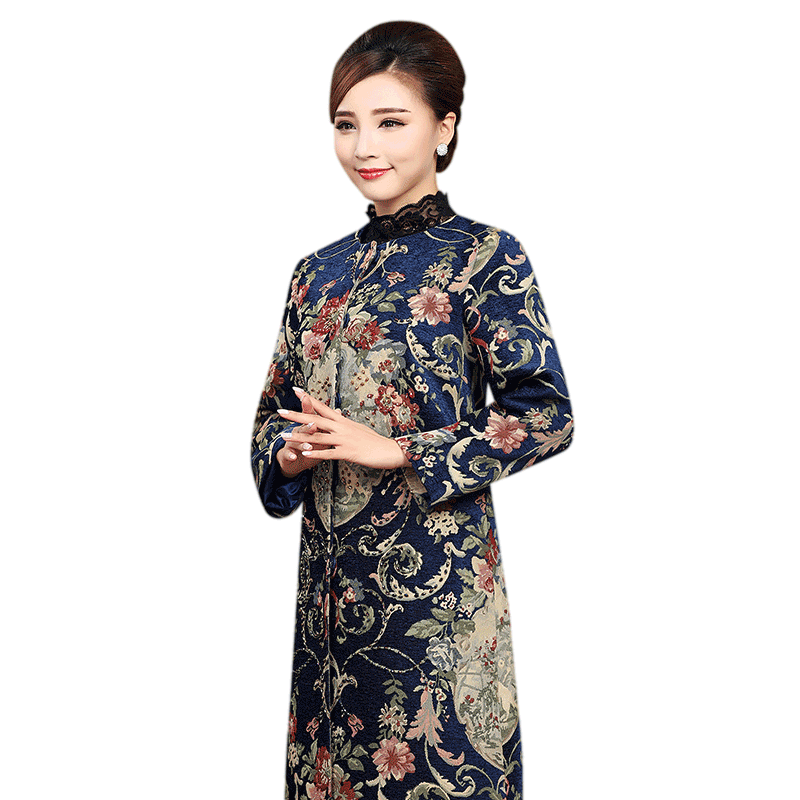 新款秋冬单衣优雅改良唐装上衣长袖刺绣外套风衣妈妈装中长款大衣