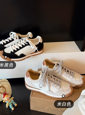 真皮厚底运动鞋女2026年春季新款通勤圆头百搭休闲系带德训鞋