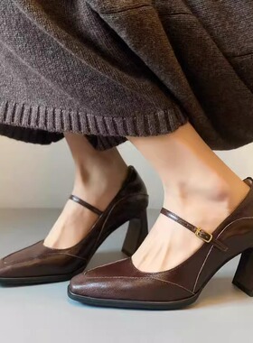2016春季复古浅口单鞋女法式高跟玛丽珍鞋一字带小方头粗跟单鞋女