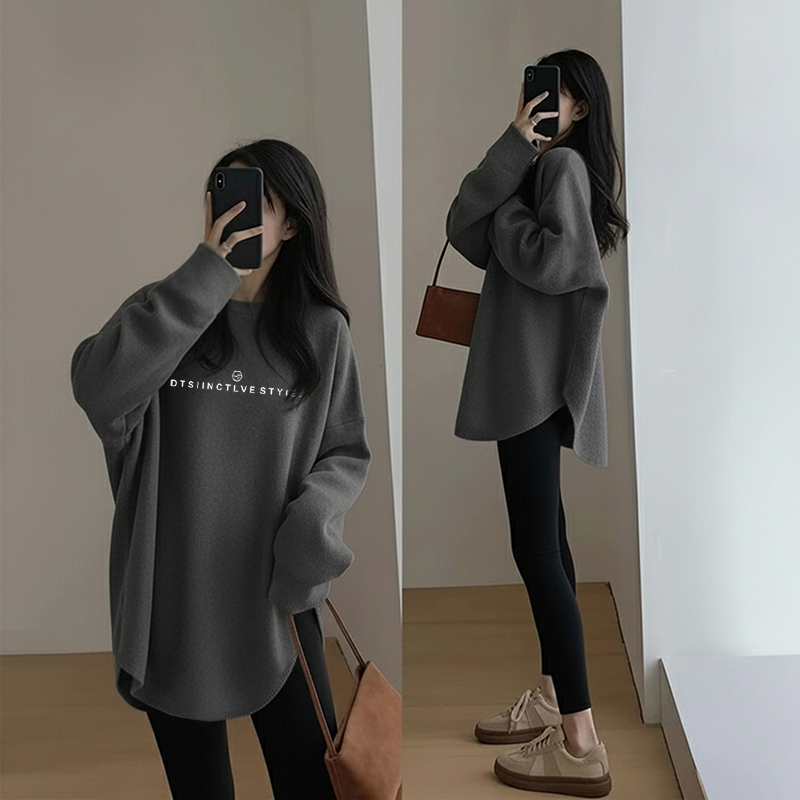 高级感2025秋季大码德绒打底衫宽松开叉长袖ins上衣女t恤显瘦遮肉