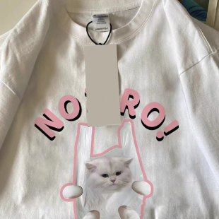 欧货白色卡通猫咪纯棉短袖 300斤大码 t恤女设计感小众胖mm显瘦上衣