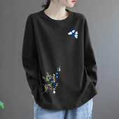 圆领体恤春秋薄款 上衣秋衣妈妈潮牌早秋黑色体恤女士 长袖 时尚 新款