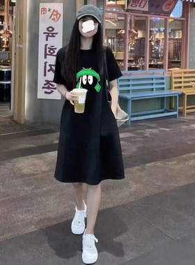 新款深灰色短袖T恤裙女夏季宽松休闲慵懒连衣裙大码中长款T恤长裙