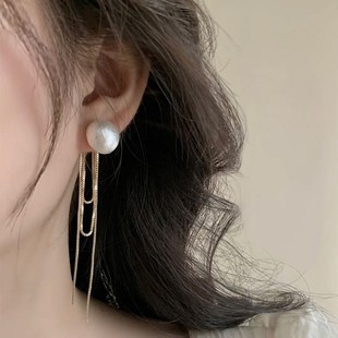 日本和韩国棉花珍珠长流苏耳环个性 化小众设计耳环显瘦脸925银针
