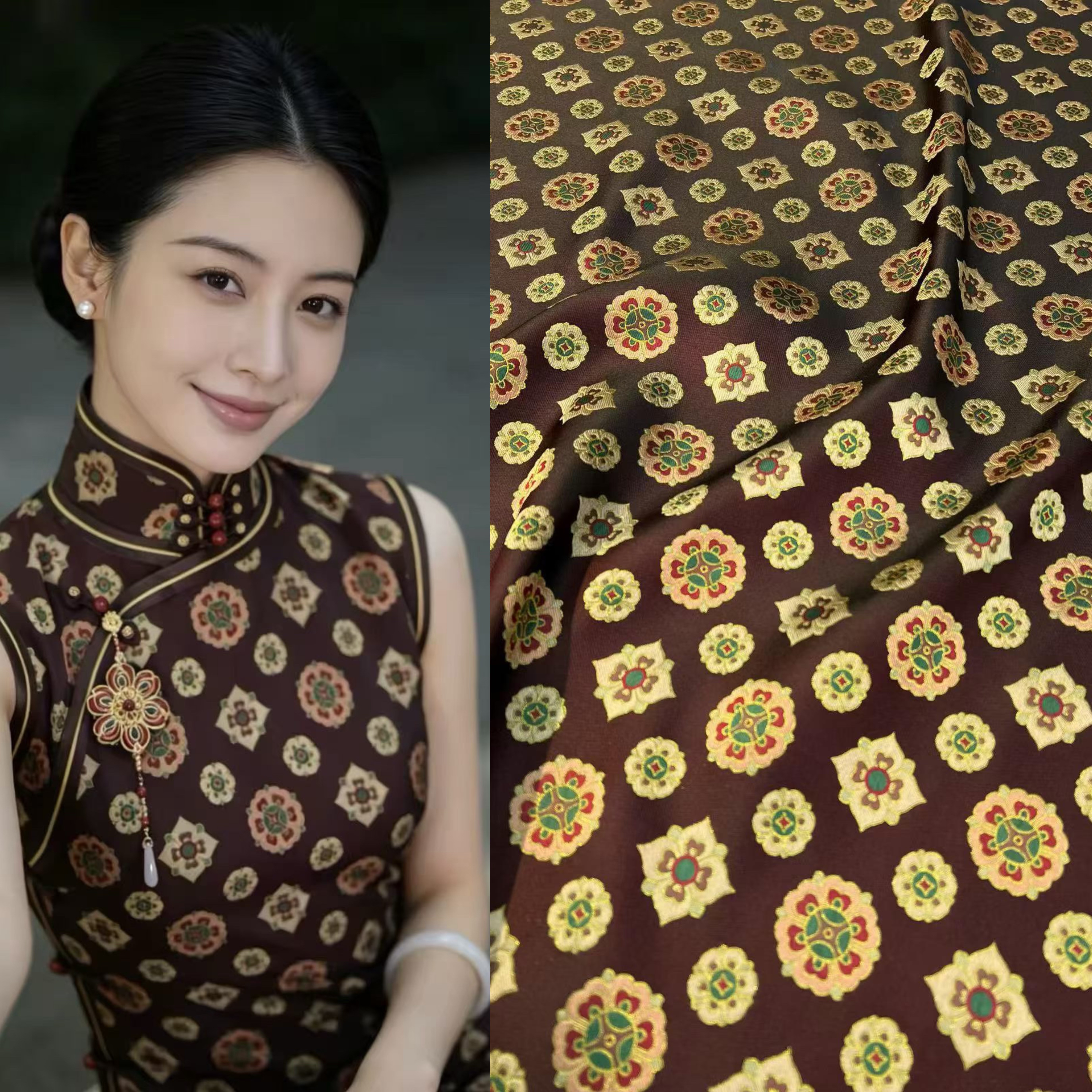 琵琶宝相花织金宋锦面料 中式马甲外套旗袍桑蚕丝服装布料140门幅