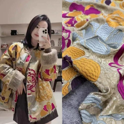 落笔生花28姆米重工绣花真丝提花丝毛面料秋冬高定外套马甲服装料