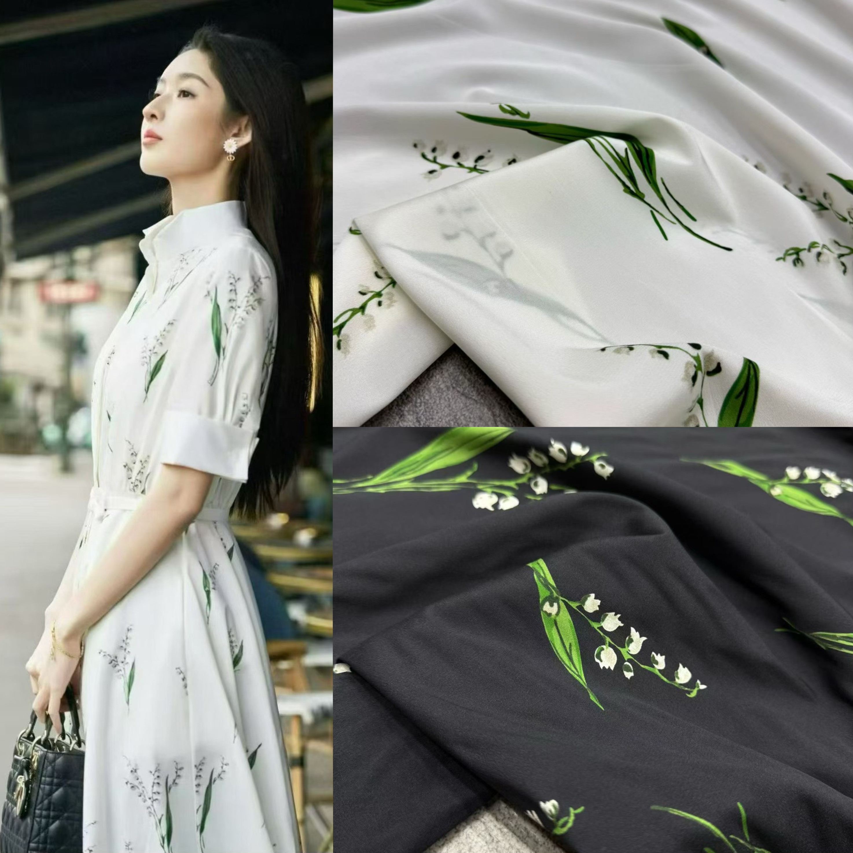 春日铃兰花印花弹力双绉真丝布料简约风连衣裙半裙桑蚕丝服装布料