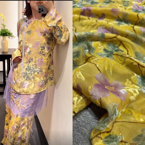 M家高定黄色织金真丝烂花丝绒面料 新中式套装旗袍桑蚕丝服装布料