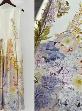 Z家紫色绣球花斜纹真丝面料高定连衣裙衬衫1.4米定位花桑蚕丝布料