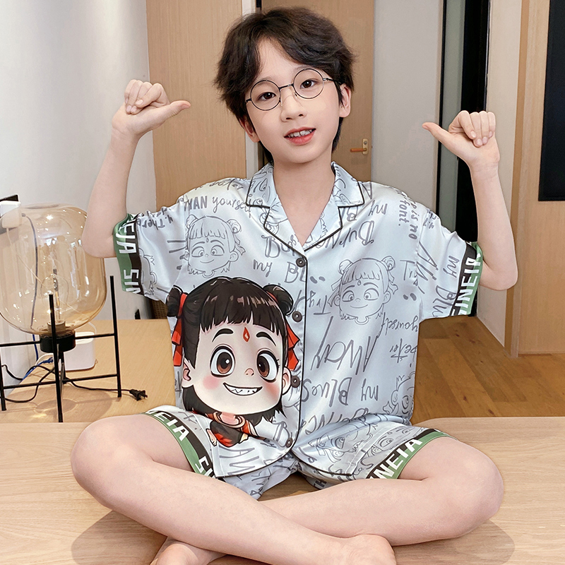 男童冰丝睡衣夏款2025新款中大儿童夏装夏季薄款男孩夏天短袖套装