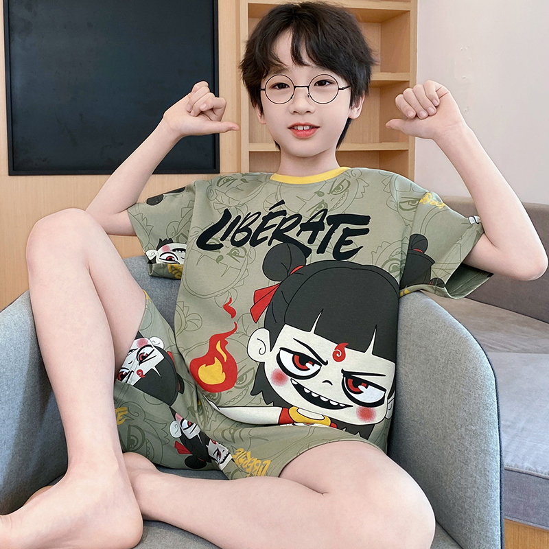 2025新款纯棉男童睡衣儿童夏季薄款短袖青少年男孩卡通家居服夏款