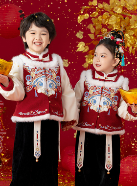 汉服女童男童拜年服冬款加绒加厚年衣宝宝唐装红色喜庆新年过年服