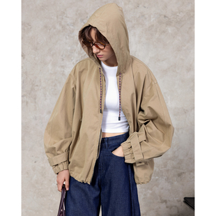 复古宽松休闲短款 春秋季 拉链抽绳连帽夹克外套 2025新款 风衣女款
