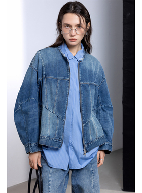 牛仔外套女士2026新款春季复古宽松bf慵懒风圆领拉链水洗夹克上衣