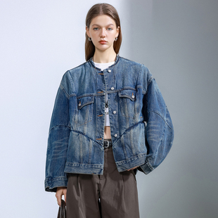 宽松bf慵懒风夹克牛仔衣 水洗复古圆领短款 2025新款 牛仔外套女秋季