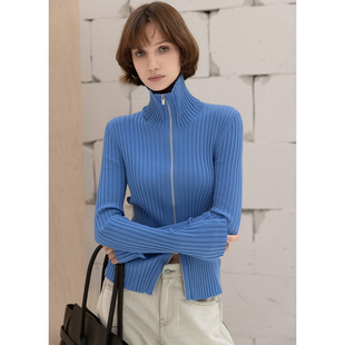 翻领拉链修身 秋季 高级感毛衣羊毛上衣 外套女2025新款 蓝色针织开衫