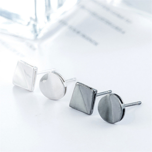 个性S925纯银耳饰品几何形男女情侣耳钉凹凸圆形正方形不对称耳环