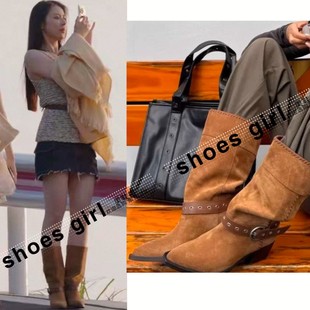 心动 子翻领两穿堆堆靴西部牛仔靴粗跟中筒靴 信号柯爱林同款 鞋